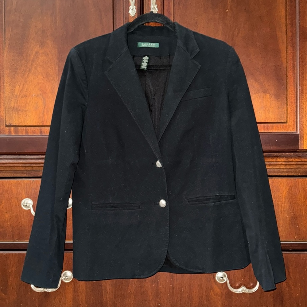 Lauren Ralph Lauren Women’s Jacket Black Blazer Silver Logo Buttons Size 12.